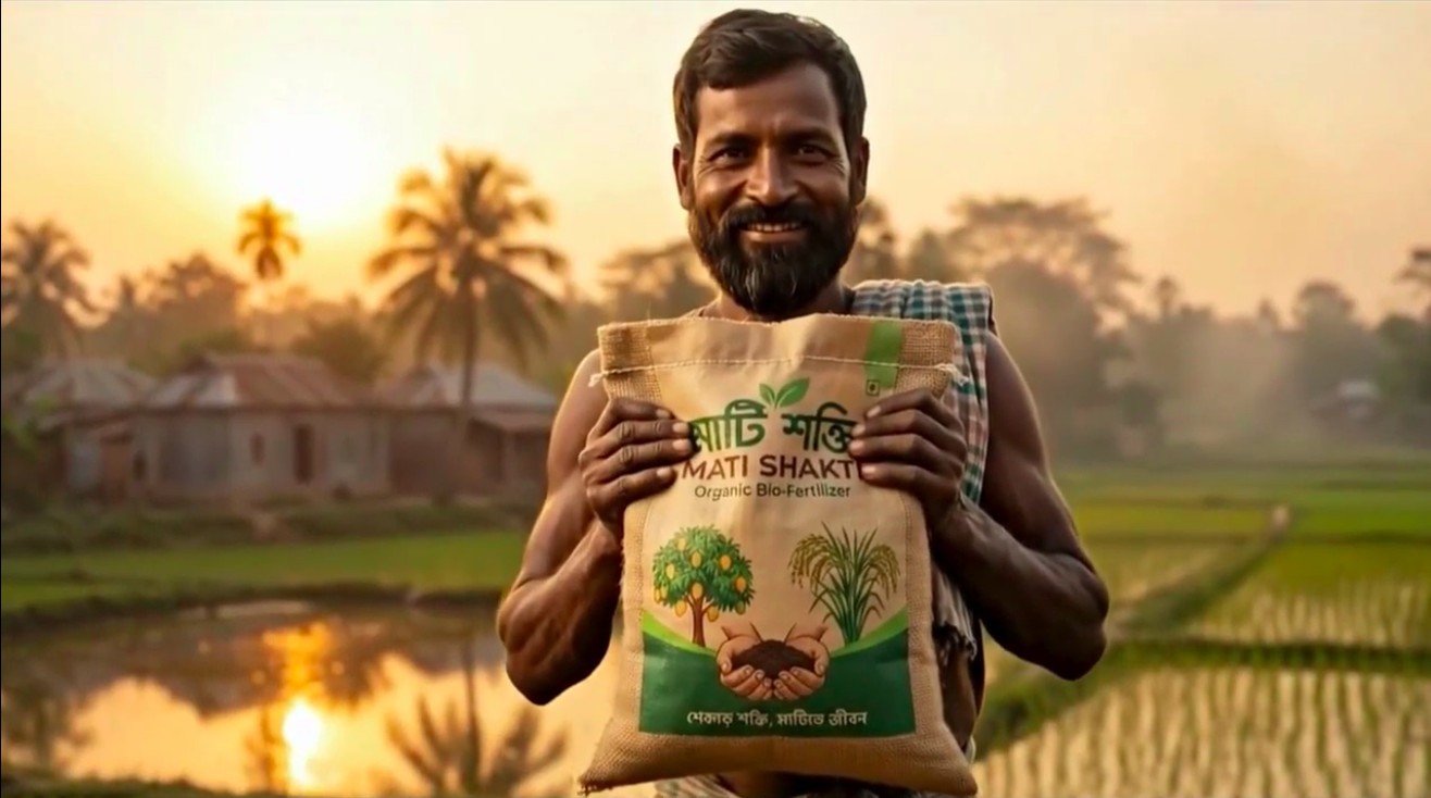 Mati Shakti — a farmer holding a sack of organic bio-fertiliser at sunrise, from the Zero Scene concept film